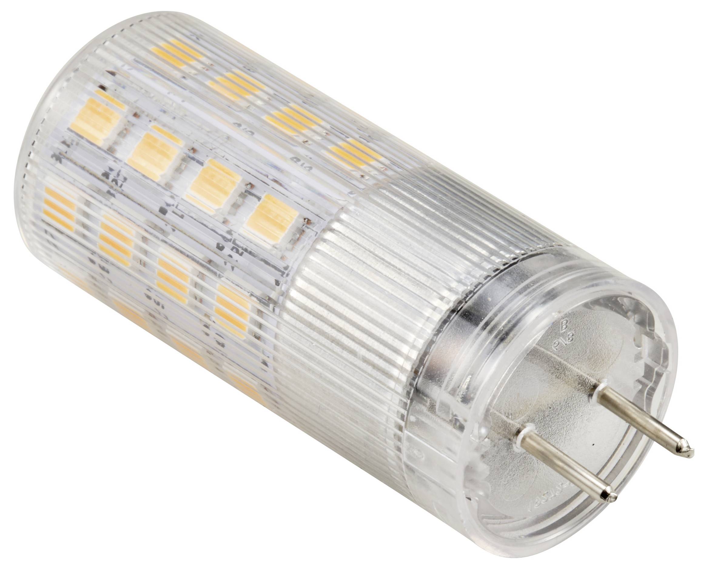 Een transparante LED-lamp in cilindrische vorm met oranje elementen en twee metalen pennen om in te steken.