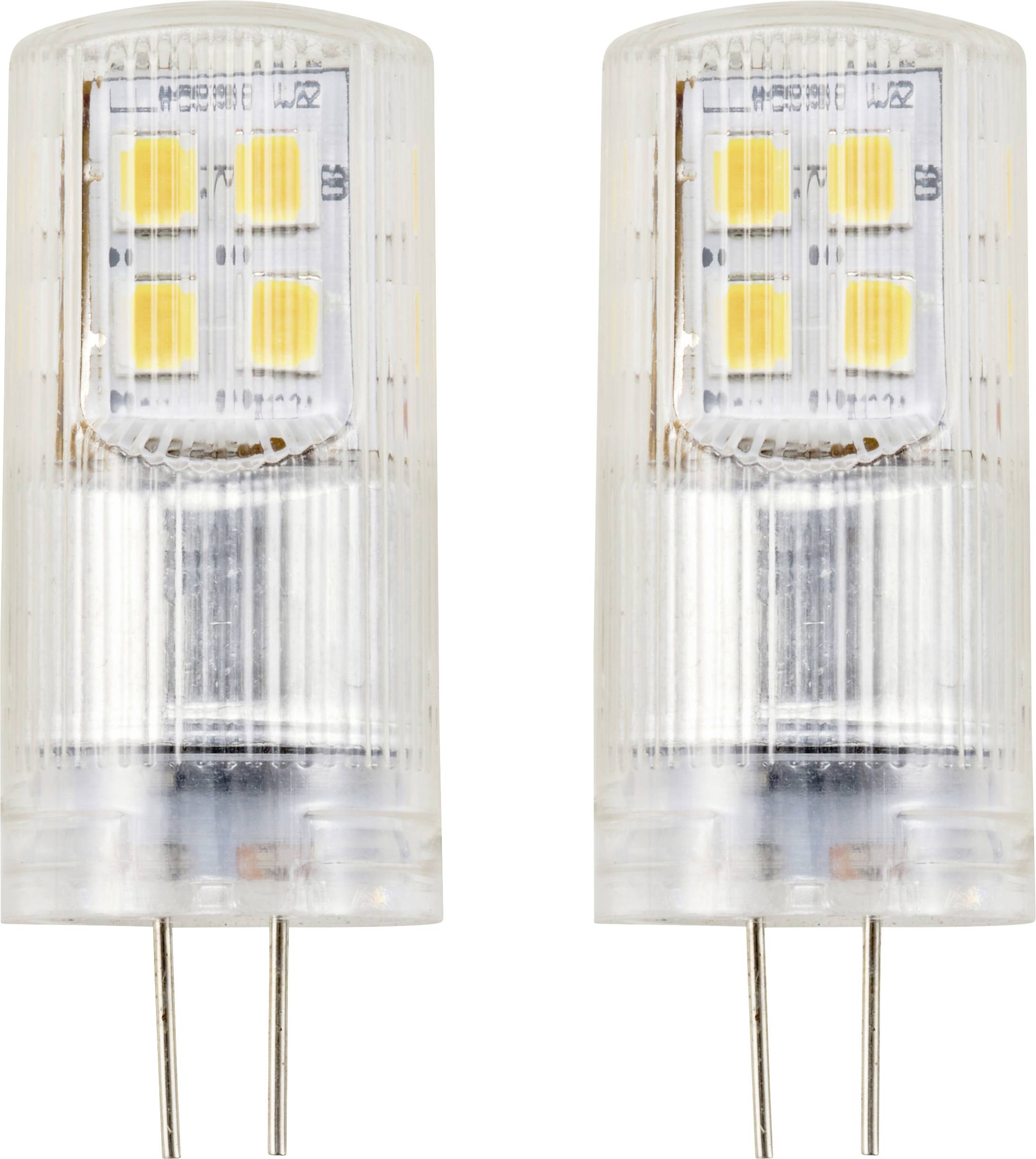 Twee LED-lampen met een transparante behuizing en gele dioden. Ze hebben twee metalen pinnen voor aansluiting in een fitting.