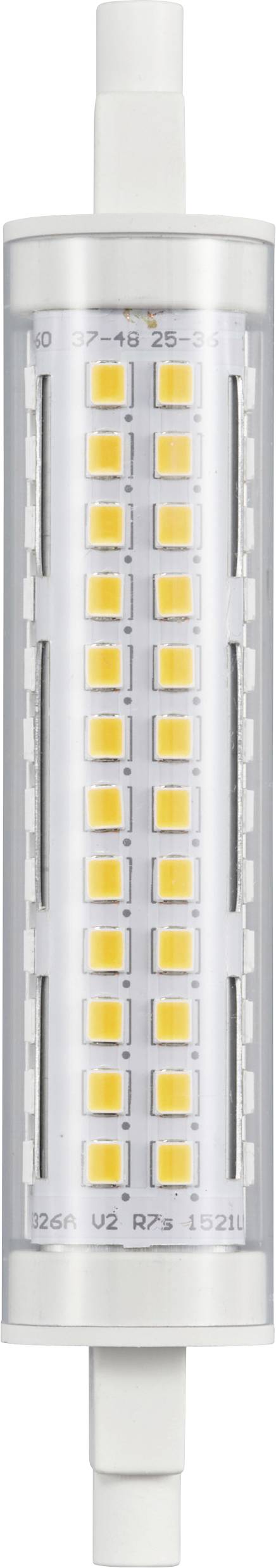 Een cilindrische LED-lamp met meerrijige gele lichtdioden in een zilveren behuizing. Hij beschikt over contactpennen aan beide uiteinden.