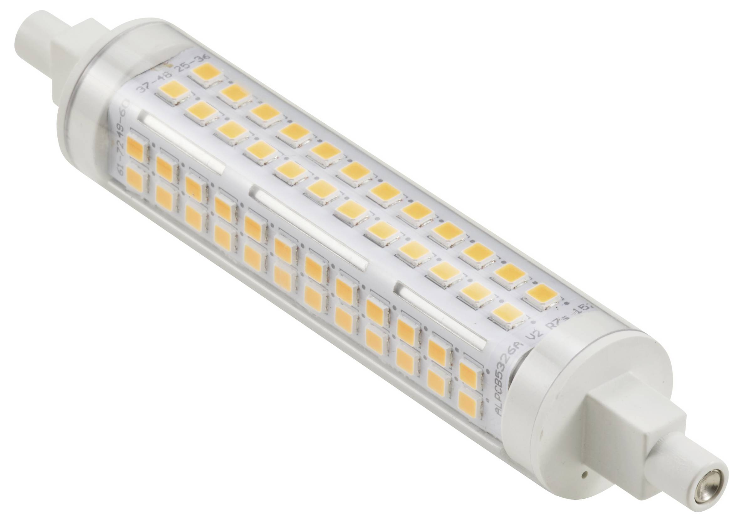 Een cilindrische LED-lamp met meerdere rijen lichtgevende chips, geschikt voor heldere en energiezuinige verlichting.