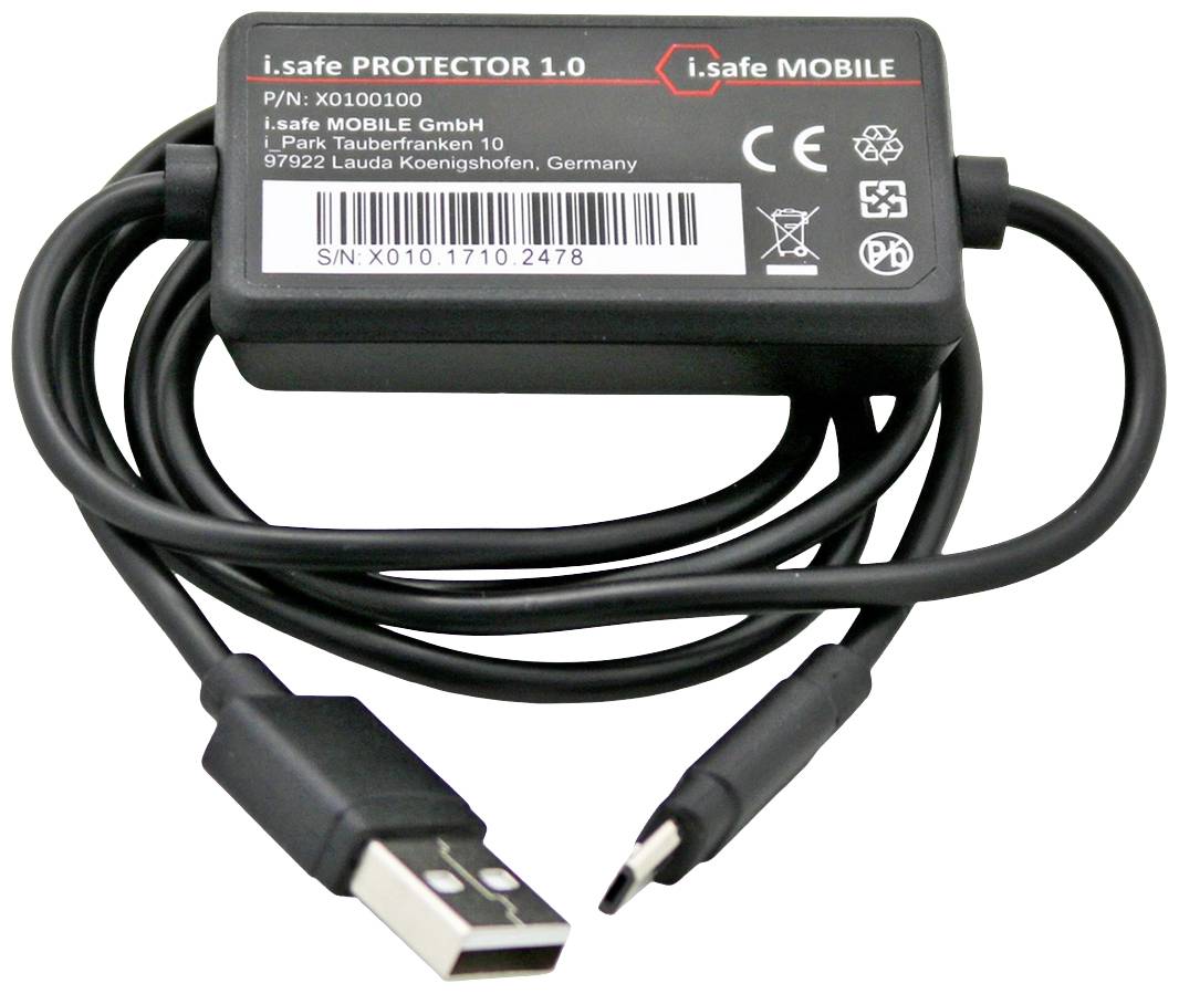 'Zwart USB-kabel met twee aansluitingen en een kleine rechthoekige eenheid, gemarkeerd met i.safe PROTECTOR 1.0.'