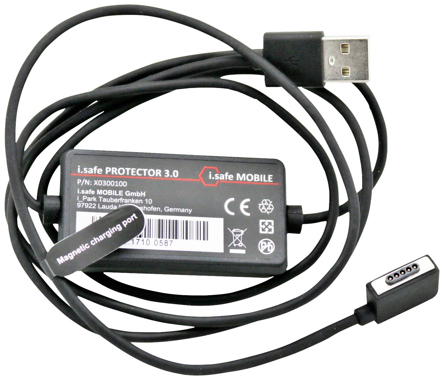 Oplader met USB-aansluiting en magnetisch oplaadkabel voor mobiele apparaten, bedrukt met technische details en bedrijfsnaam.