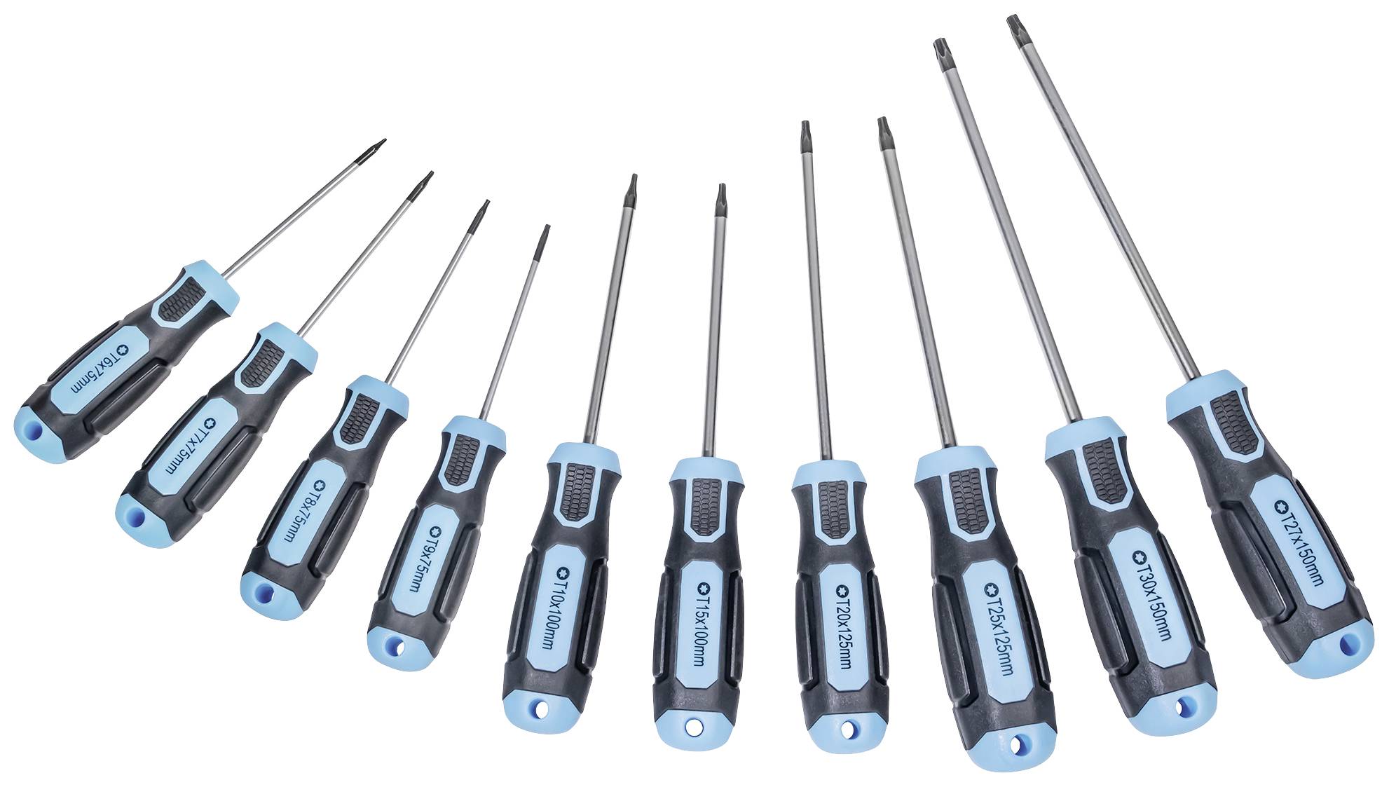 Tien schroevendraaiers van verschillende formaten met blauwe en zwarte handgrepen, gerangschikt op rij van klein naar groot.