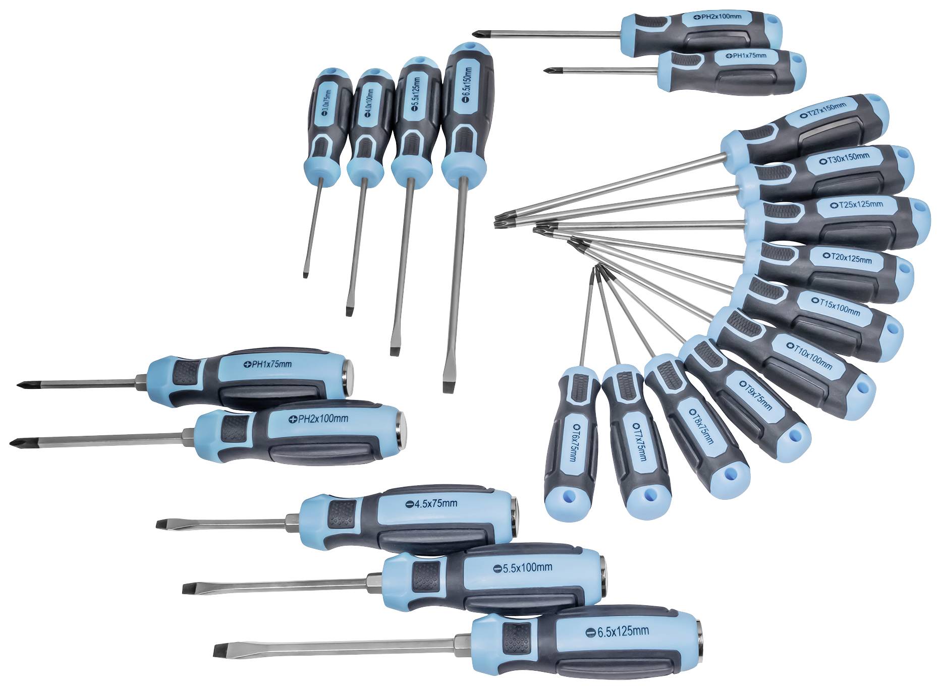 Verschillende schroevendraaiers met blauwe en zwarte handgrepen, netjes in een cirkel gerangschikt. Ze variëren in grootte en type.