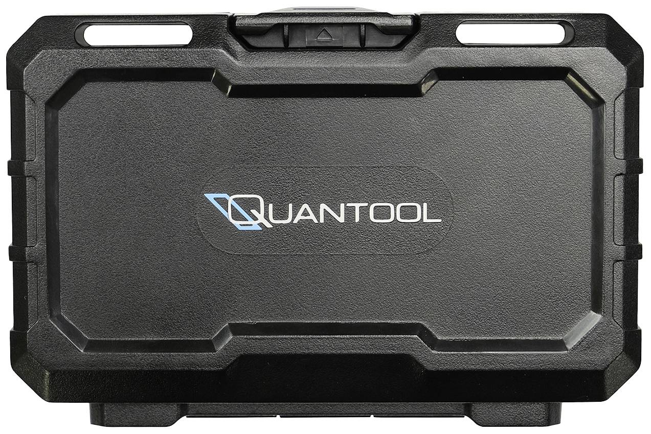 Zwarte gereedschapskoffer met 'QUANTOOL'-logo in het midden.