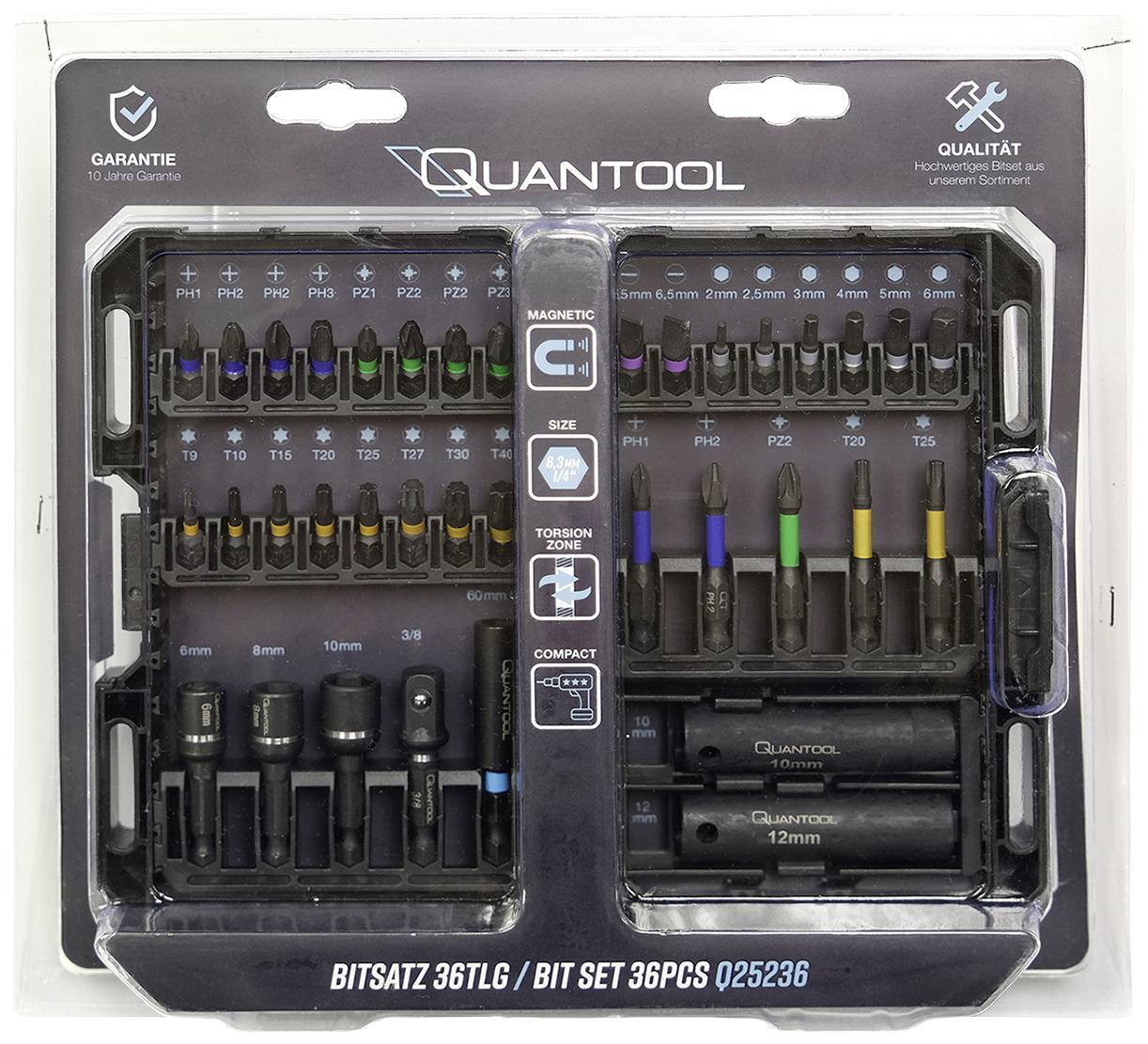 Bitsatz van Quantool met 36 onderdelen. Bevat verschillende bitgroottes en -types, kleurgecodeerd voor eenvoudige identificatie. Verpakking toont garantie en kwaliteitskenmerken.