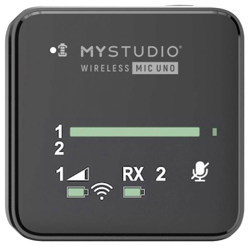 Klein, vierkant, zwart apparaat met opschrift 'MY STUDIO WIRELESS MIC UNO'. Toont signaalkracht, accustatus en zenderstatus.