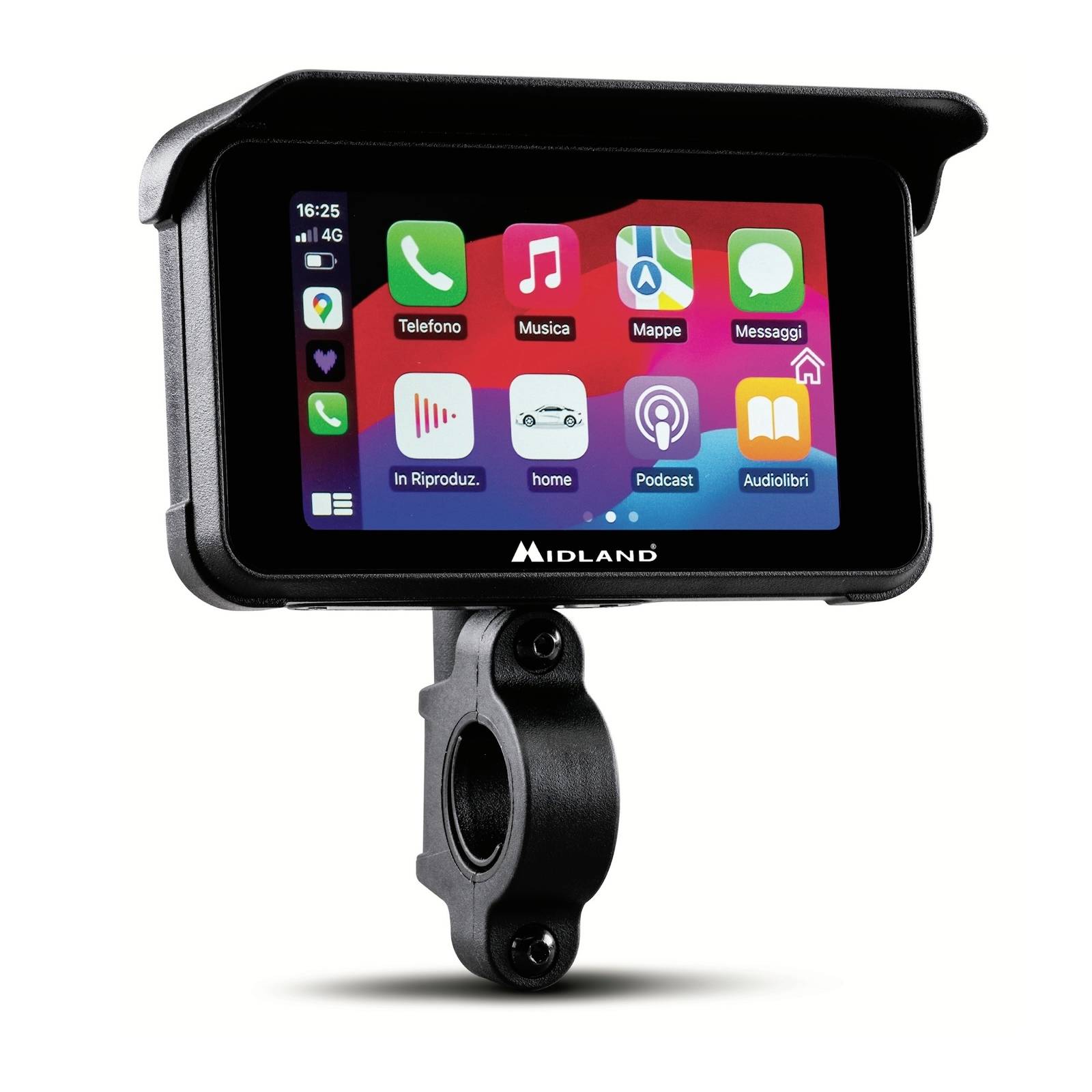 Een GPS-apparaat met een gekleurde touchscreen, waarop apps zoals 'Telefoon', 'Muziek' en 'Kaarten' worden weergegeven. Het is bevestigd aan een houder.