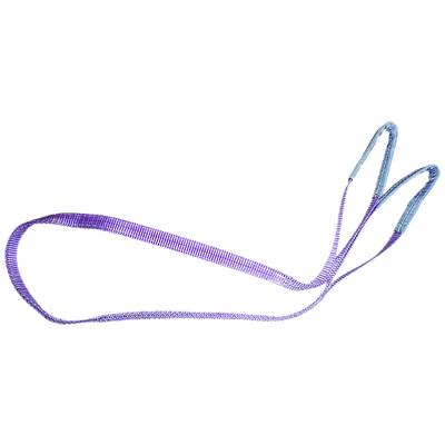 Een paarse bandlus met twee blauw versterkte luseindes, gebruikt bij klimmen of zekeren voor gewichtsverdeling en stabiliteit.