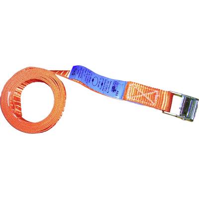 Een oranje spanketting met een metalen gesp en een blauw etiket. De spanketting is opgerold en klaar om lading te beveiligen.