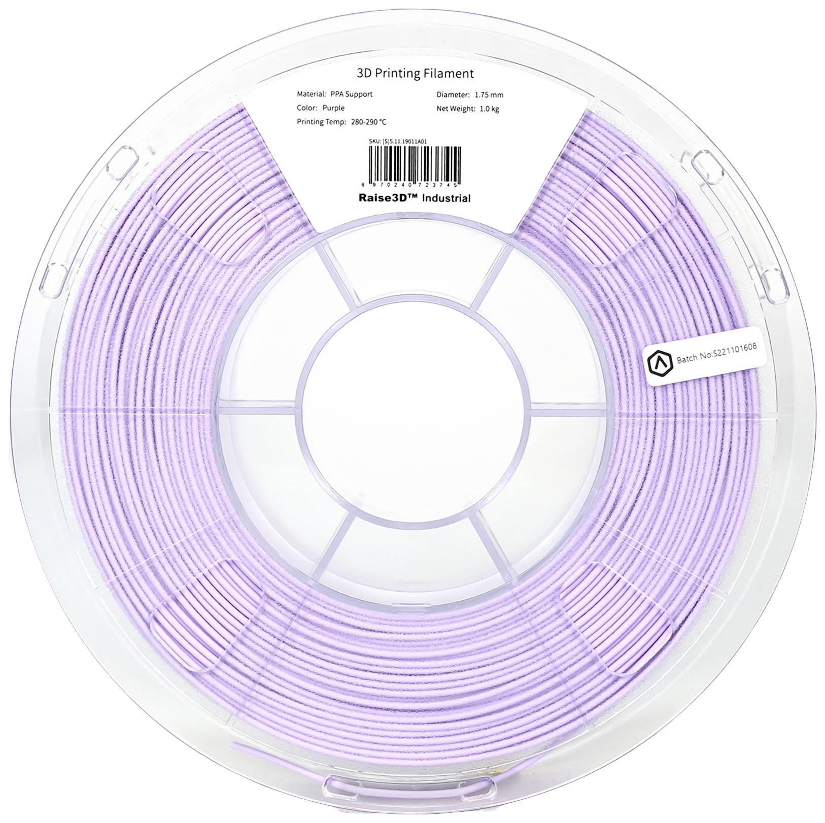Spoel met paars 3D-printerfilament, 1,0 kg, 1,75 mm diameter, printtemperatuurbereik 230-290°C. Sticker: 'Raise3D Industrial'.