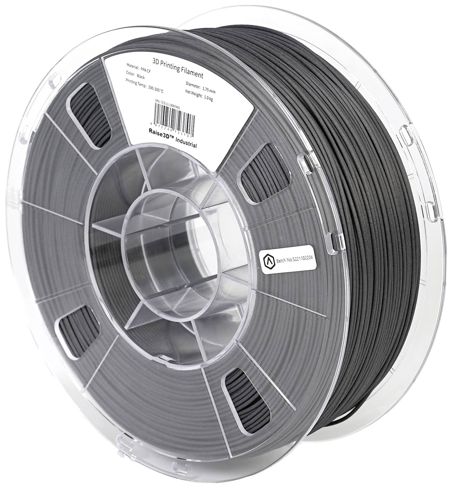 3D-printfilament op rol van grijs kunststof, met een etiket dat specificaties zoals materiaal, gewicht en lengte weergeeft.