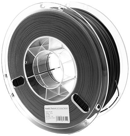 Een transparante spoel, opgerold met zwart filament voor 3D-printers. Een etiket toont productinformatie.