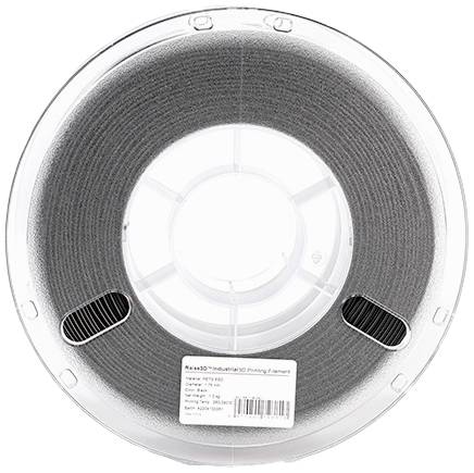 Transparante spoel met grijs 3D-printfilament op een witte achtergrond. Een etiket toont de productspecificaties.