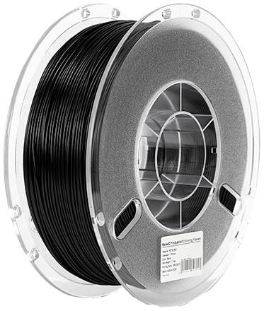 Een transparante kunststofspoel met zwart 3D-printer filament. Het filament is gelijkmatig gewikkeld en klaar voor gebruik.