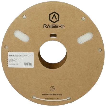 Een bruine kartonnen spoel met het 'RAISE3D' logo. Bevat 3D-printmateriaal. Etiket toont details over materiaal en gewicht.