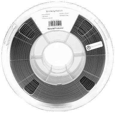 Spoel met zwart 3D-printer filament, gemerkt met 'Raise3D Industrial', diameter 1,75 mm, gewicht 1 kg.