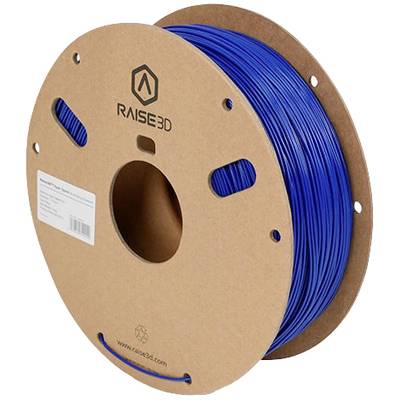 Een blauwe filamentspoel met het opschrift 'RAISE3D', geschikt voor 3D-printers. Spoel heeft een etiket met specificaties.