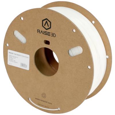 Een rol wit PLA-filament van Raise3D, geschikt voor 3D-printen. De rol heeft een bruin etiket met logo en productinformatie.