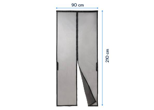 Vliegenhordeur met magneetslot, afmetingen: 90 cm breed, 210 cm hoog. Grijs gaas, ideaal voor eenvoudige montage aan deuren.