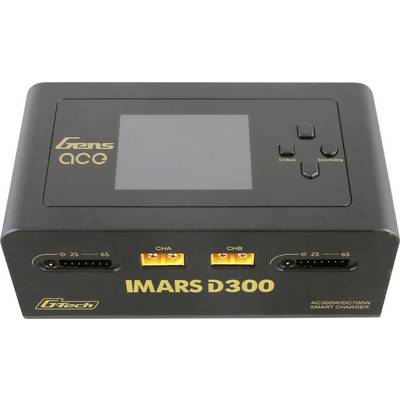Zwarte lader 'Gens Ace IMARS D300' met display en bedieningsknoppen. Twee laadaansluitingen (CHA, CHB) voor 2S-6S-batterijen.