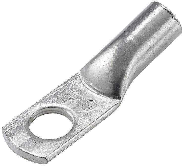 Metalen kabelschoen met één gat voor bevestiging en een schacht voor het invoeren van elektrische geleiders.