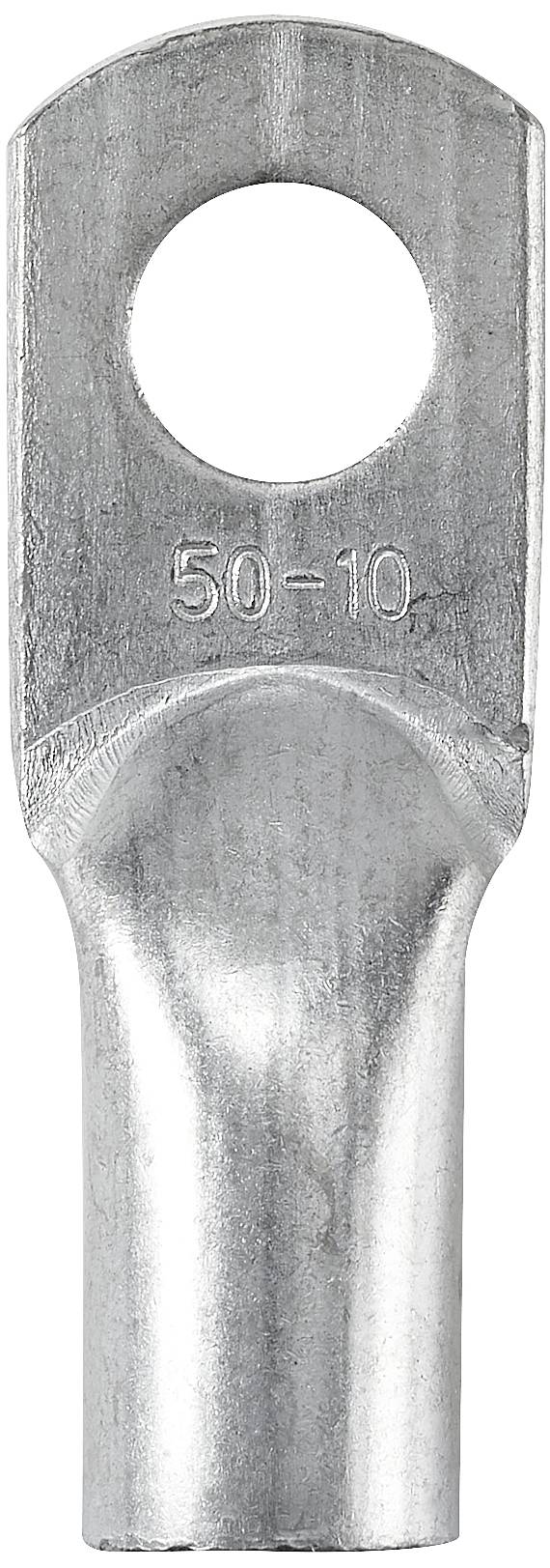 Een metalen kabelschoen met een gat voor kabelbevestiging. Op het oppervlak zijn de cijfers '50-10' ingedrukt.
