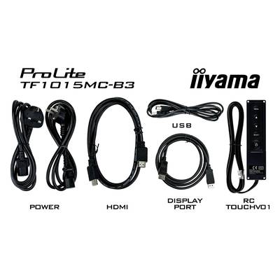 'ProLite TF1015MC-B3 iiyama' Monitortoebehoren: Stroom-, HDMI-, DisplayPort- en USB-kabels alsmede RC TOUCHVO1 Controller.