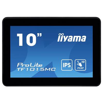 Tablet-scherm toont de tekst '10" iiyama ProLite TF1015MC' met symbolen voor IPS en PCAP-touchfunctie.