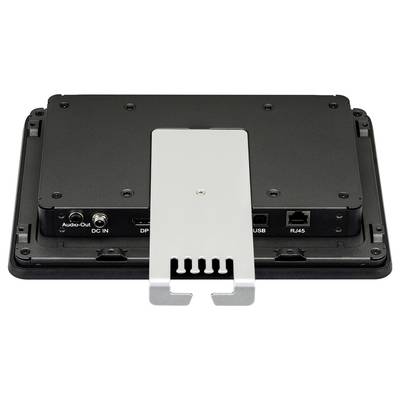 Achterkant van industriële pc met aansluitingen: audio-uitgang, DC IN, DisplayPort, USB en RJ45-netwerkaansluiting.