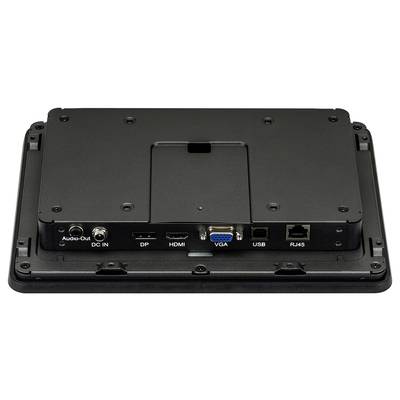 'Achteraanzicht van een apparaat met aansluitingen: Audio-Uit, DC IN, DP, HDMI, VGA, USB, RJ45.'