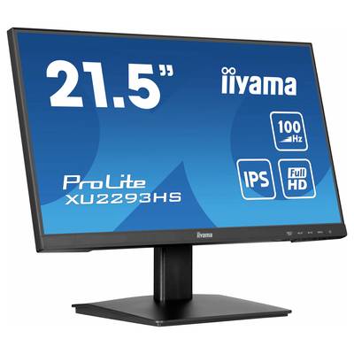 Een 21,5-inch monitor van iiyama, model ProLite XU2293HS. Kenmerken: 100 Hz, IPS-paneel, Full HD. Het scherm toont technische details.
