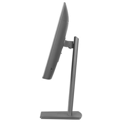 Een monitor met een slank design in zijaanzicht. Het scherm is haaks gemonteerd op een smalle, stabiele voet.