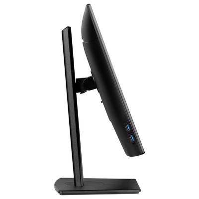 Een zijaanzicht van een flatscreen-monitor op een standaard met twee USB-poorten aan de zijkant.