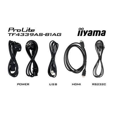 'Afbeelding van de kabels van de iiyama ProLite TF4339AS-B1AG: stroomkabel, USB-kabel, HDMI-kabel en RS232C-kabel.'