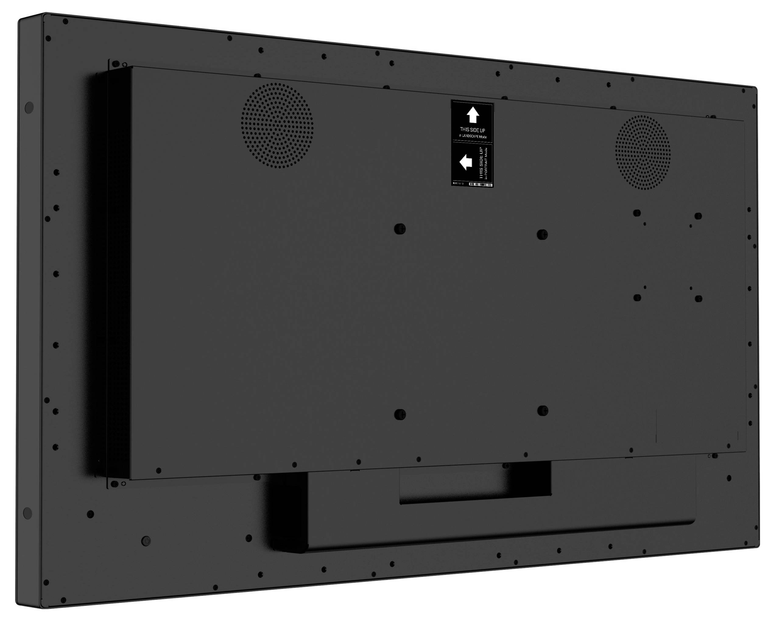 Een grote, zwarte flatscreen bekeken van achteren toont aansluitingen en ventilatieopeningen.
