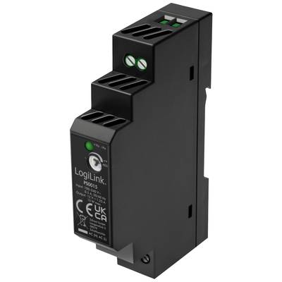 Zwart LogiLink stroomvoedingsapparaat PS0015 voor DIN-railmontage met ingang 100-240V, uitgang 15V/1,25A, CE-markering zichtbaar.