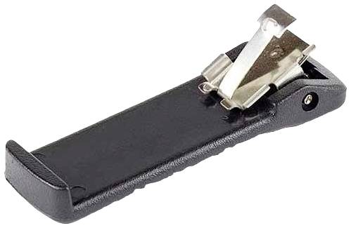 Zwarte flesopener met metalen hefboom, gebruikt voor het verwijderen van kurken of kroonkurken.