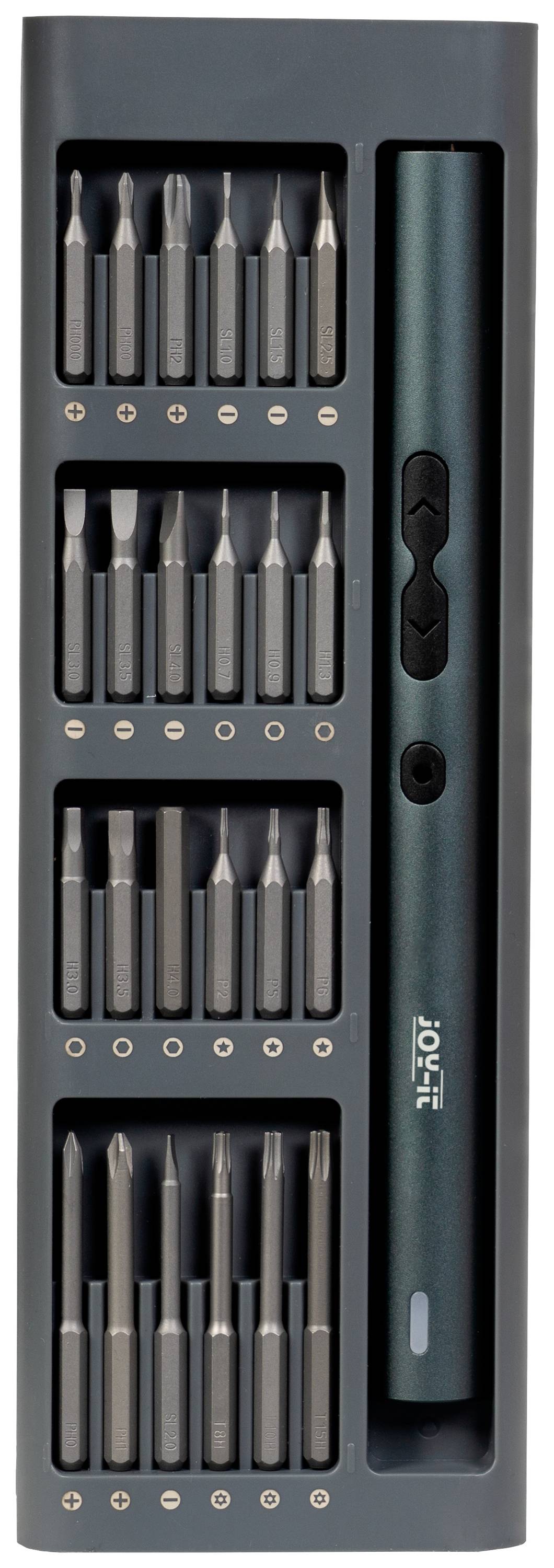 Een elektrische schroevendraaier-set met meerdere bits in een compact etui. Bevat verschillende bitformaten voor nauwkeurig werken.