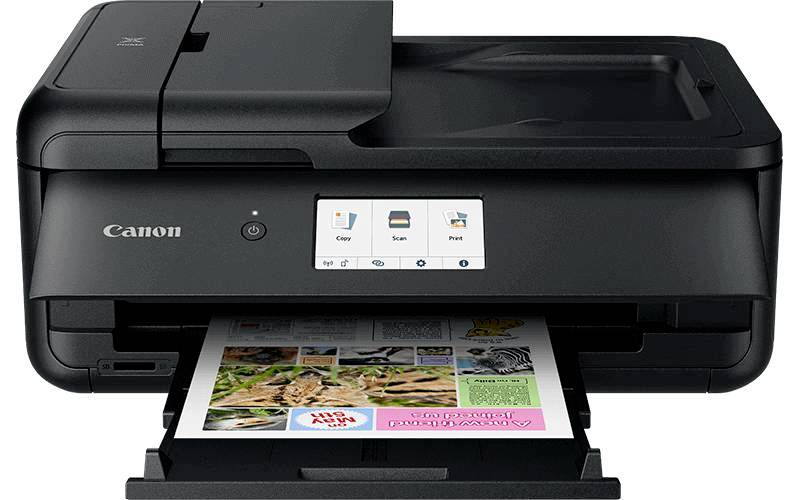 Zwarte multifunctionele printer drukt gekleurde pagina met afbeeldingen en tekst. Display toont opties: Kopiëren, Scannen, Afdrukken.