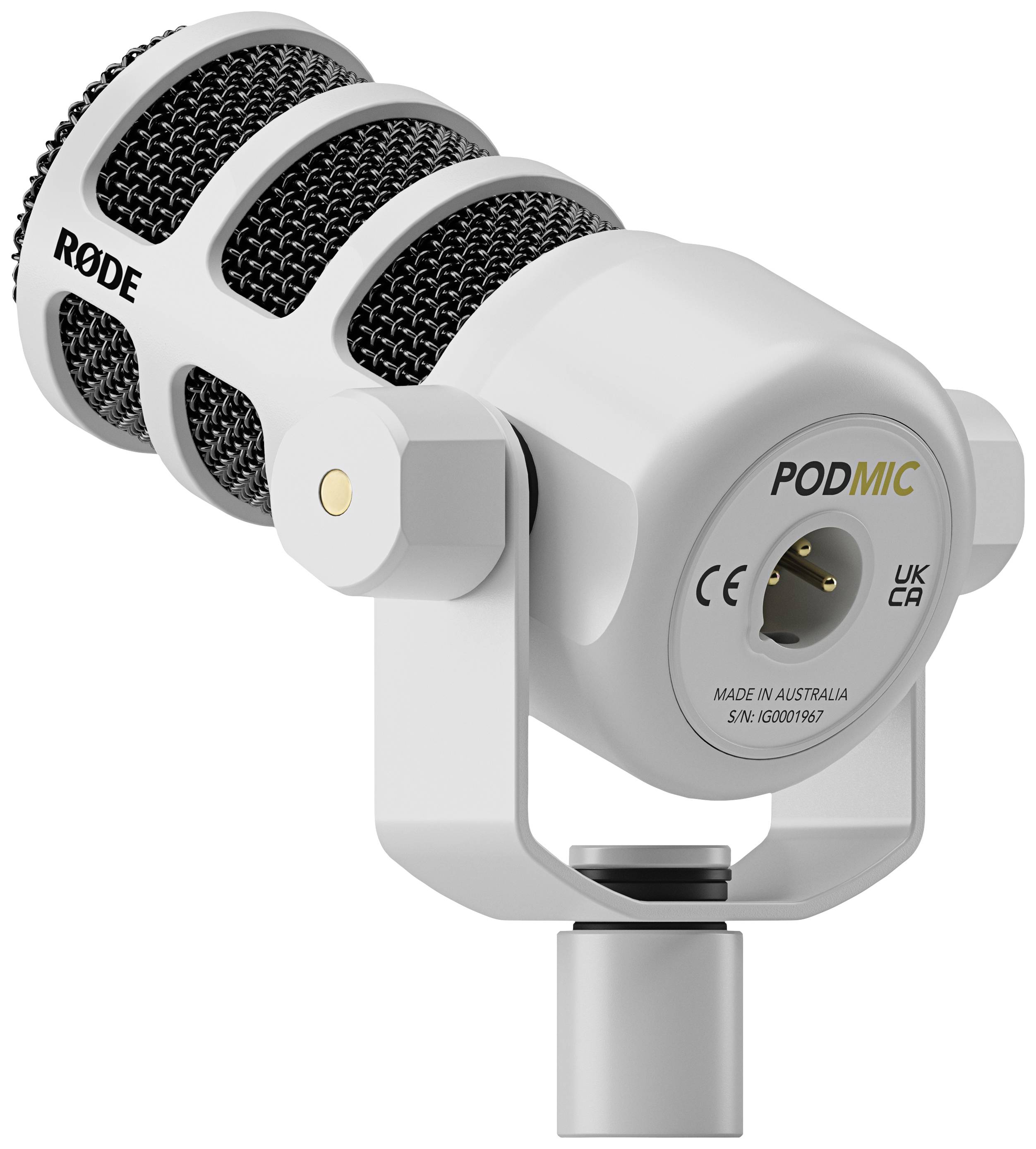 Grijs condensatormicrofoon met zwart rooster, gemerkt met 'PODMIC', gemarkeerd als gemaakt in Australië.