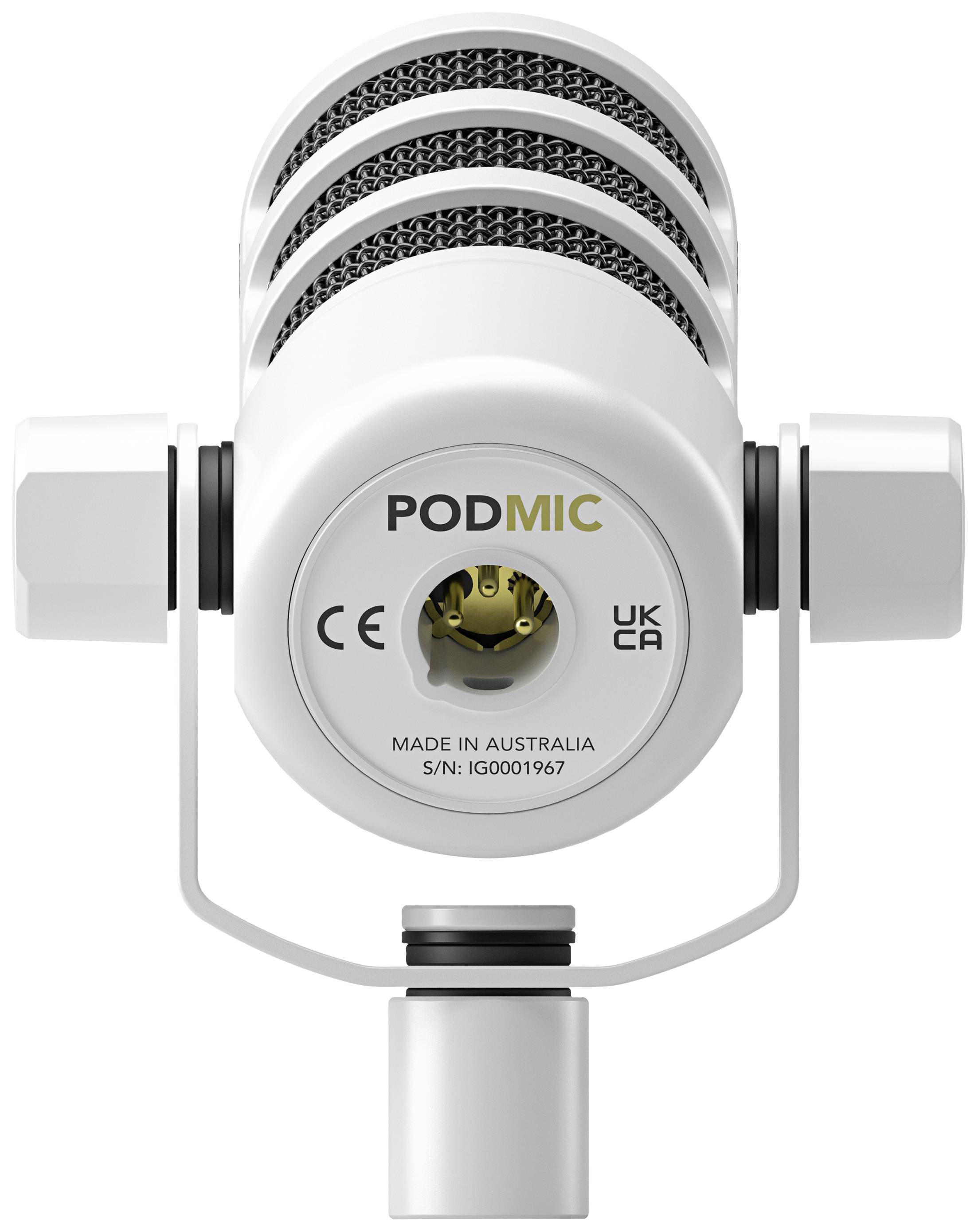 Wit podcast-microfoon met het opschrift 'PodMic' en aanduidingen 'UKCA' en 'Made in Australia', vooraanzicht.