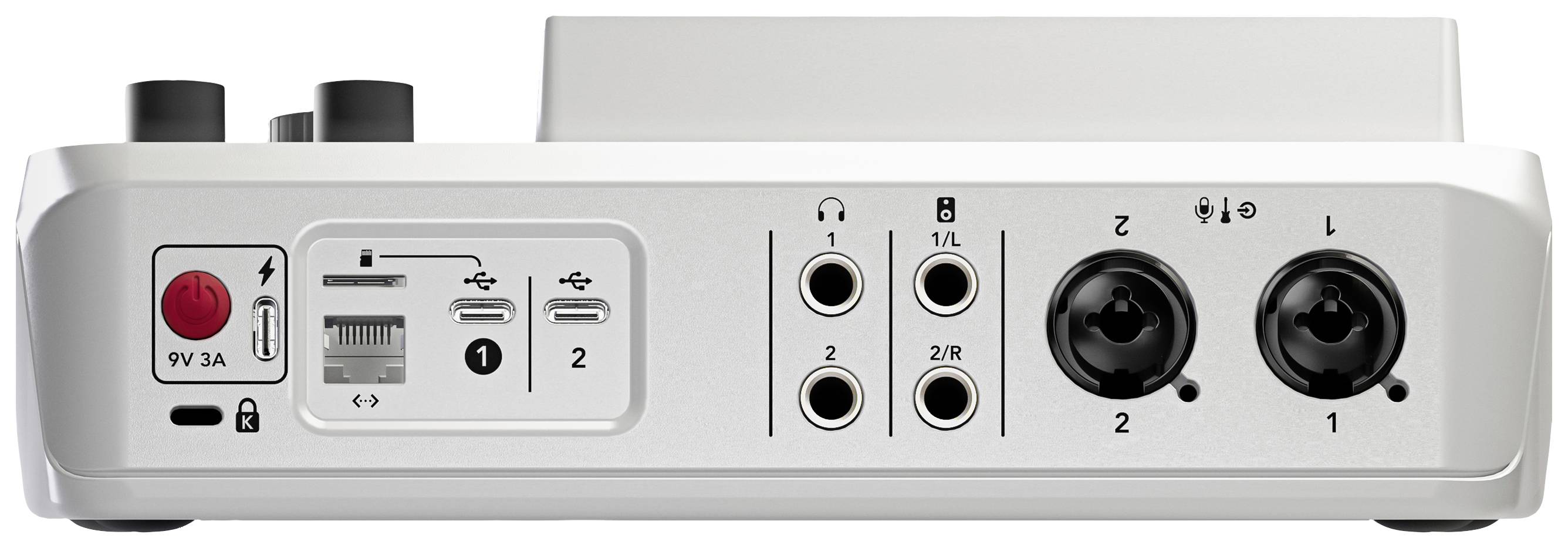 Achterkant van een audio-interface met aansluitingen: voedingsaansluiting, USB, vier jackbussen voor hoofdtelefoons en twee XLR-ingangen.