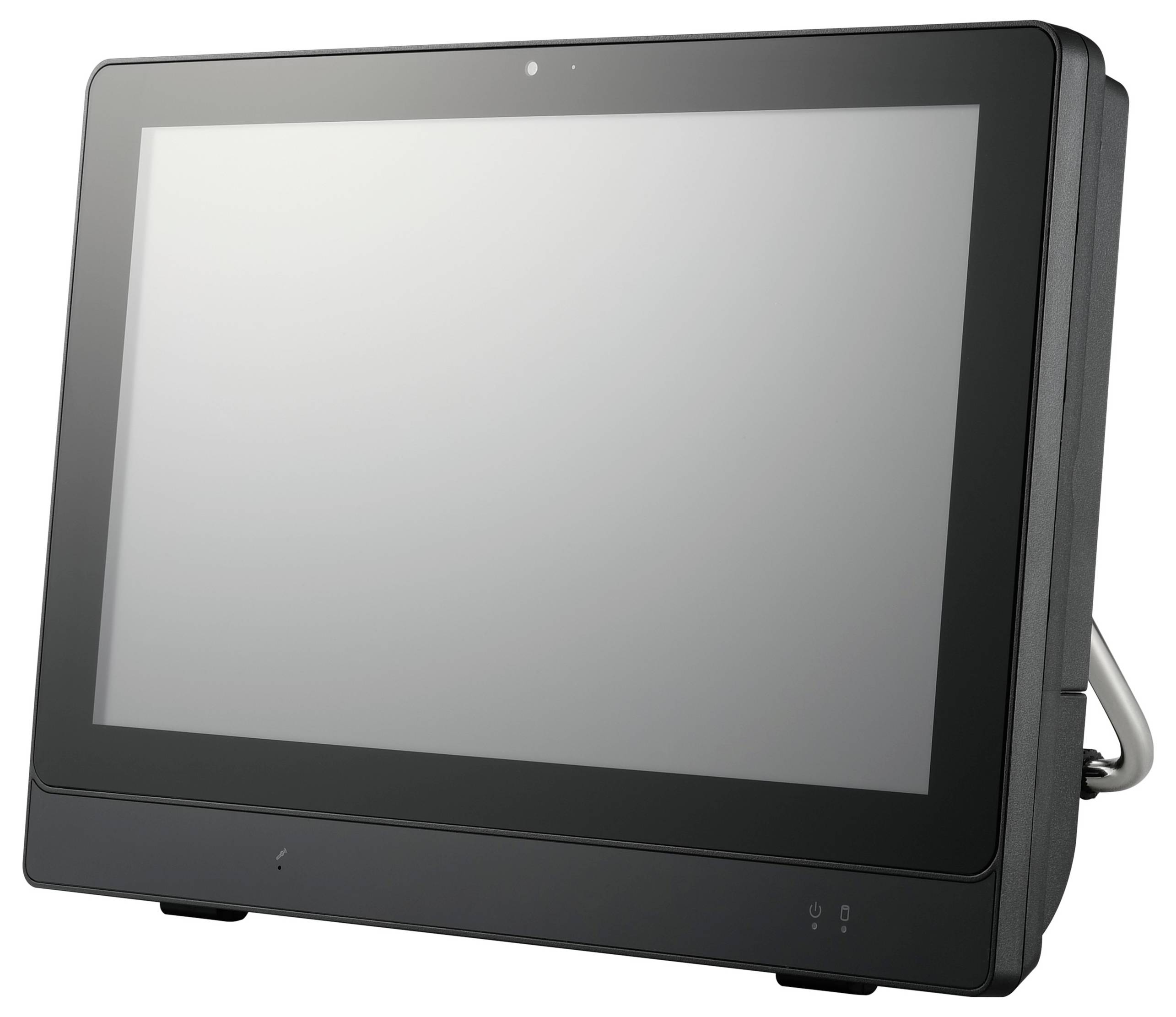 Een zwarte monitor met een glanzend scherm en een stabiele voet, geschikt voor gebruik op een bureau.