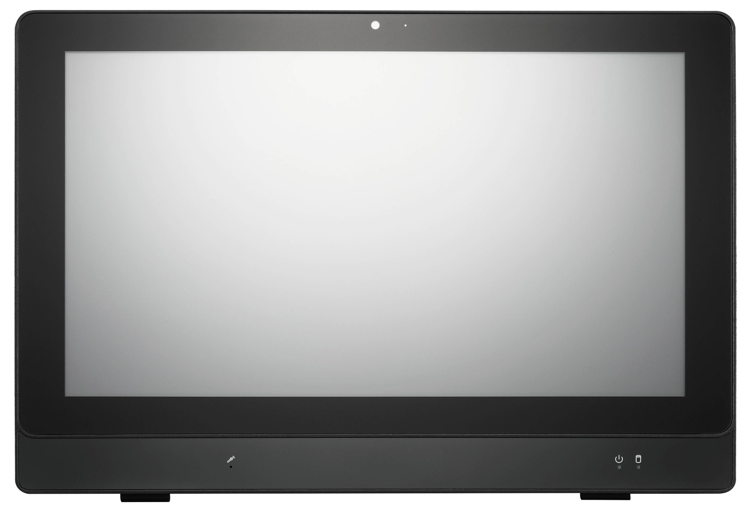 Een zwarte monitor met een uitgeschakeld scherm voor een witte achtergrond.