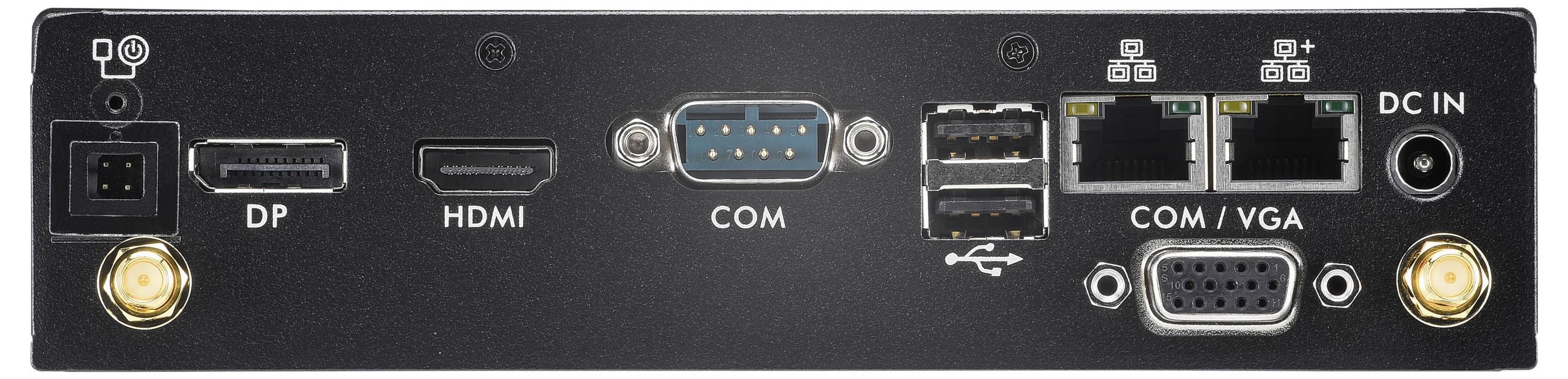 'Achterkant van een apparaat met aansluitingen: DP, HDMI, COM, vier USB-poorten, twee Ethernet-aansluitingen, een VGA-poort en stroomvoorziening.'