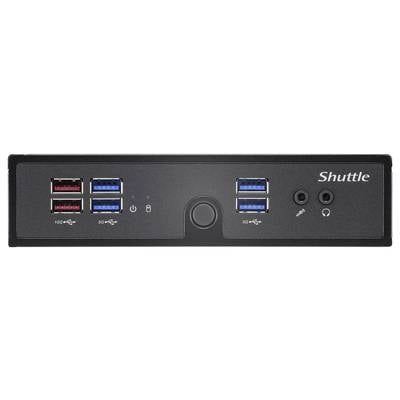 Een zwart frontpaneel van een Shuttle-pc met meerdere USB-poorten, een aan/uit-knop, een slot-symbool en audioansluitingen.