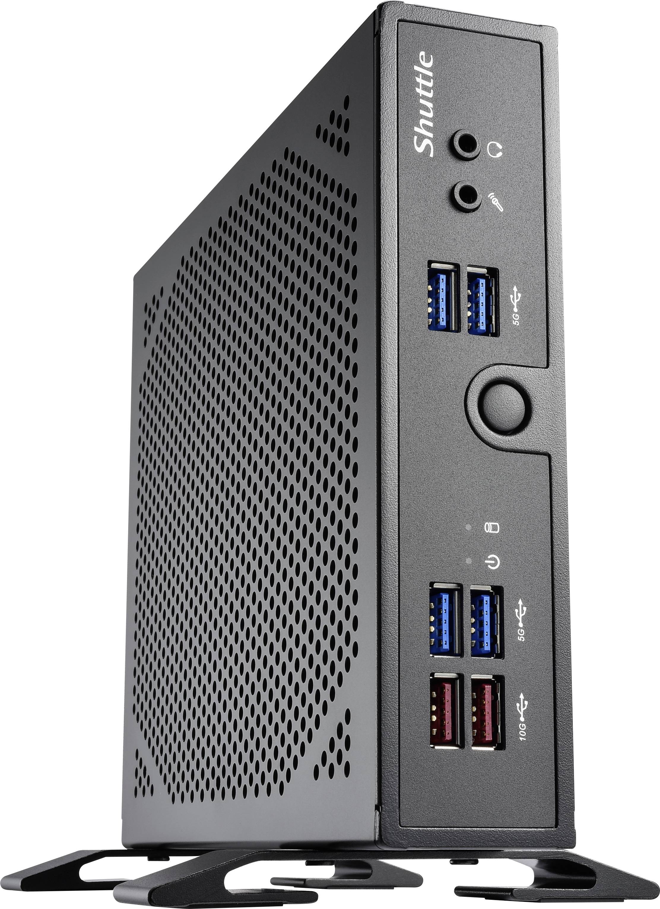 Een zwarte mini-pc met meerdere USB-poorten en audio-aansluitingen op de voorkant, staand op een standaard.