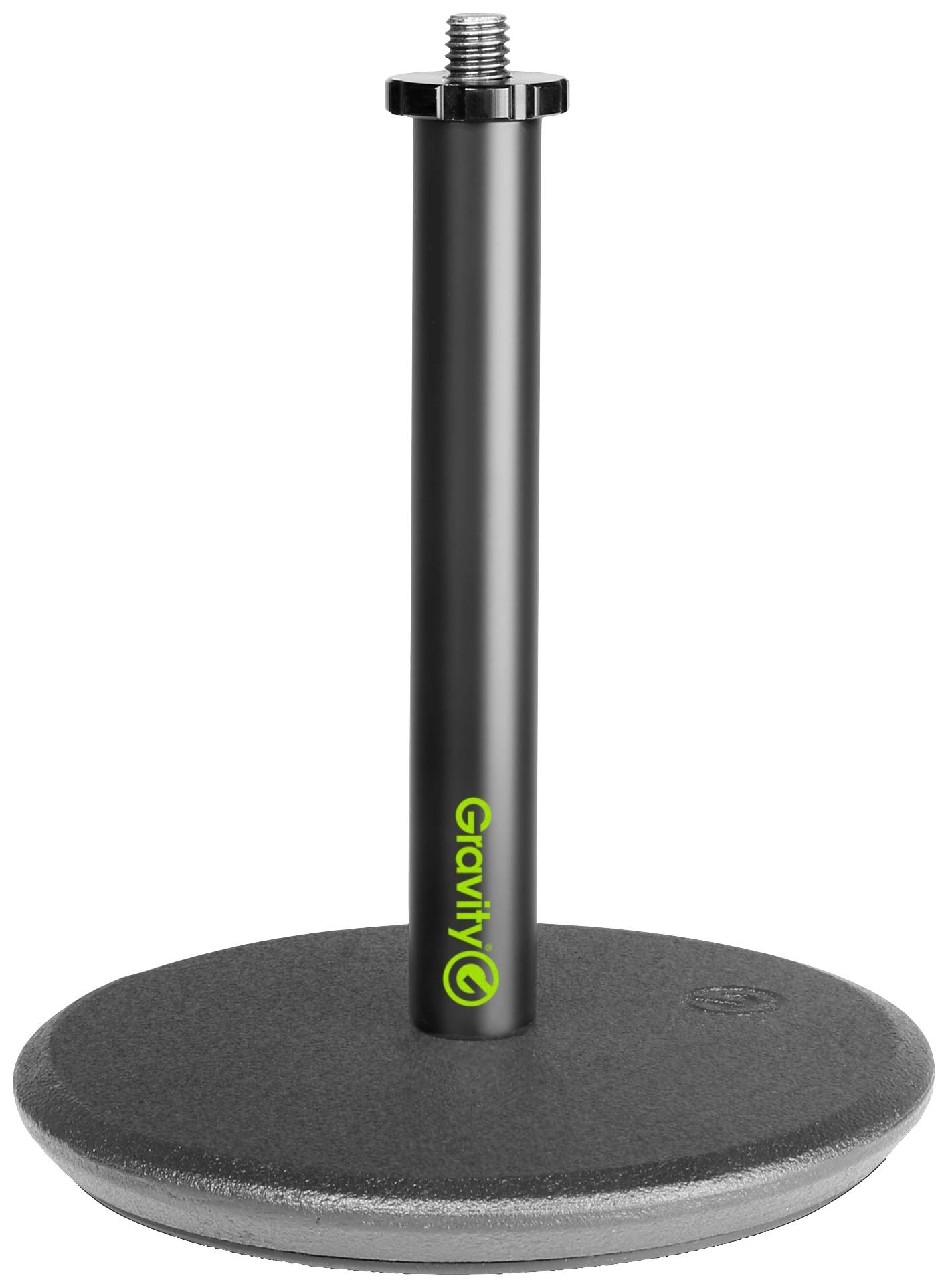 Zwarte microfoonstandaard met ronde voet en hoogteverstelling, 'Gravity' logo in het groen op de steel. Ideaal voor muziekoptredens.