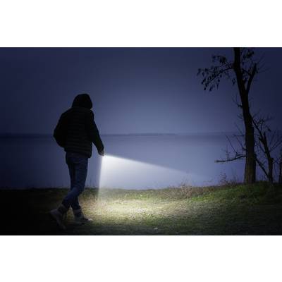 Een persoon met een zaklamp loopt 's nachts langs de oever, schijnt op de grond. De sfeer is donker en rustig met weinig zichtbare details.